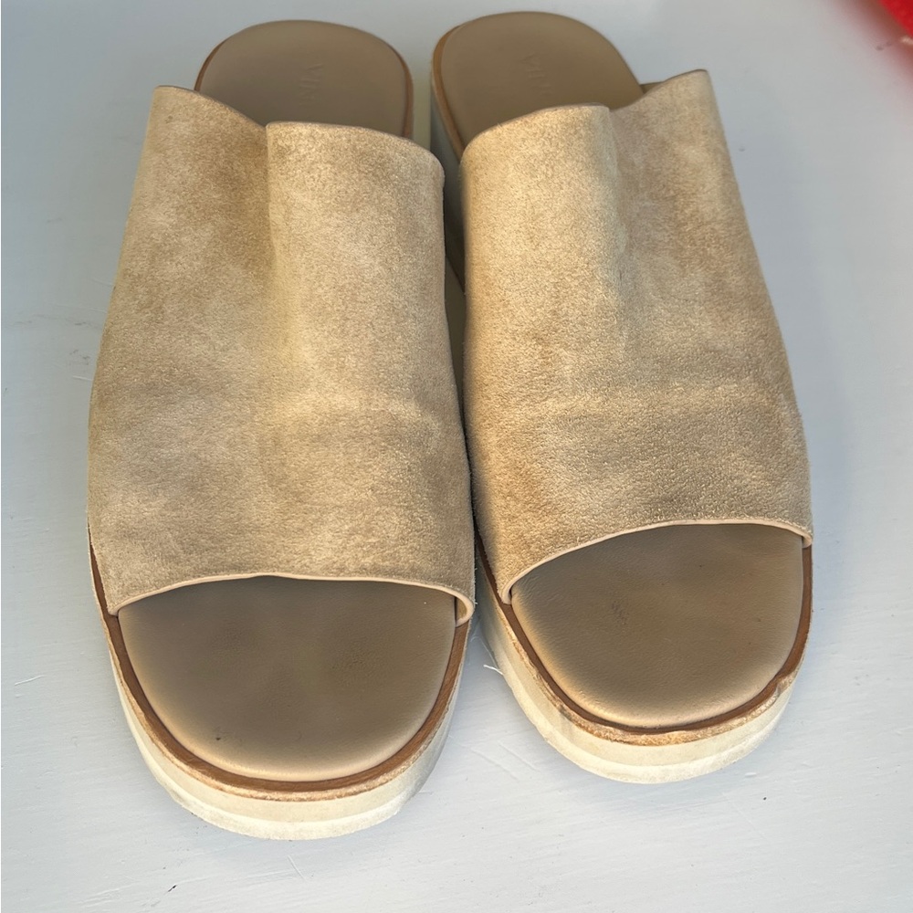 Vince Tan Suede Mule Wedge Slide Sandals